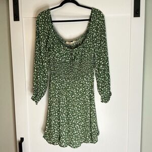 Liberty Love Dress Women XL Green Floral Puff‎ Sleeve Boho Milkmaid Smocked